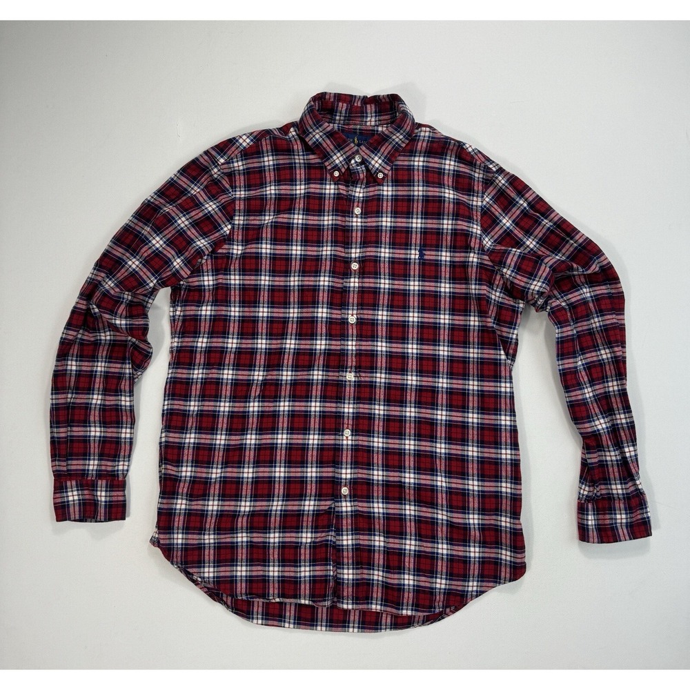 Ralph Lauren Mens Large Classic Fit Flannel Button Shirt Red Plaid Outdoor Cabin
